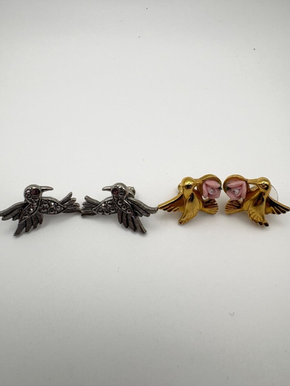 Avon Vintage Hummingbird Earrings Lot Silver Tone Rhinestone Gold Tone Rose Post